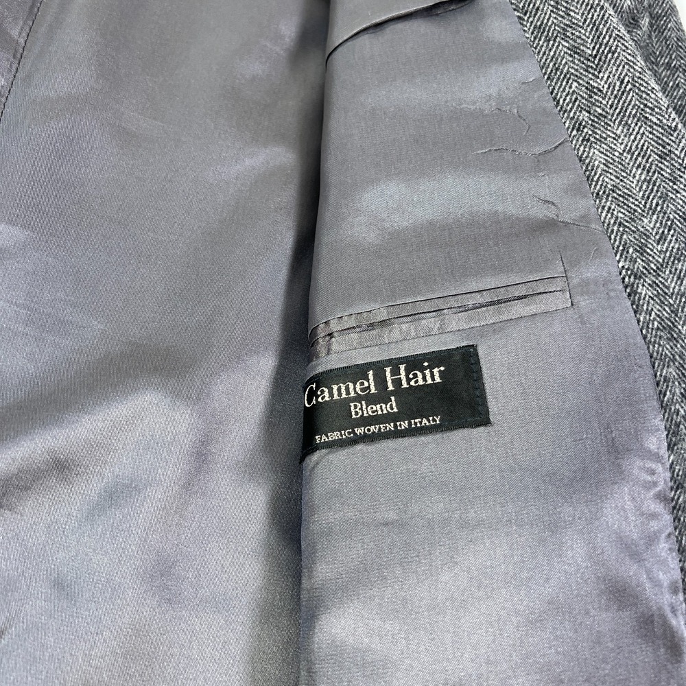 Chereskin Camel Hair Blazer Mens Long 44 Gray Herringbone Tweed Coat Jacket - Picture 5 of 12